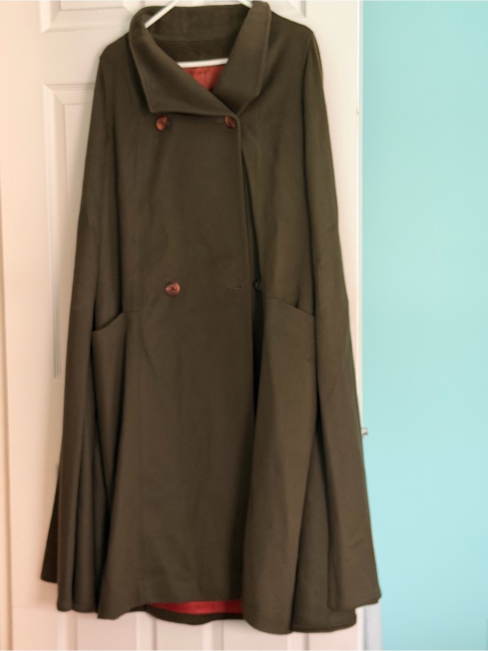 Saks Fifth Avenue Wool Olive Green Coat with Rust Lining
